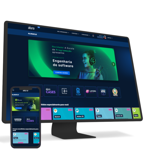Um monitor e celular com a logo da Alura+
